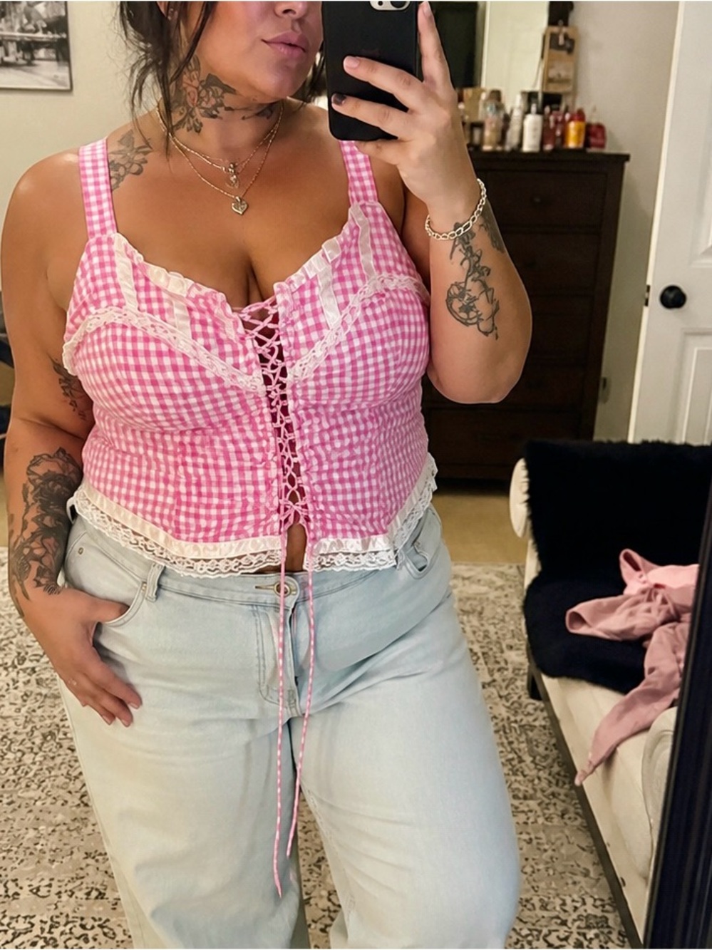 Batsheva Pink Gingham Lace-Up Ruffle Crop Top
